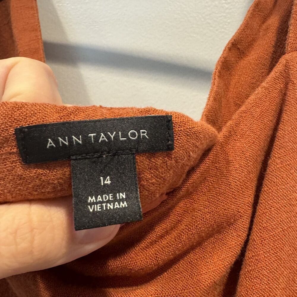 Ann Taylor Midi Dress Tiered Linen Sleeveless Rust Orange Women sz 14 Casual - Picture 4 of 11